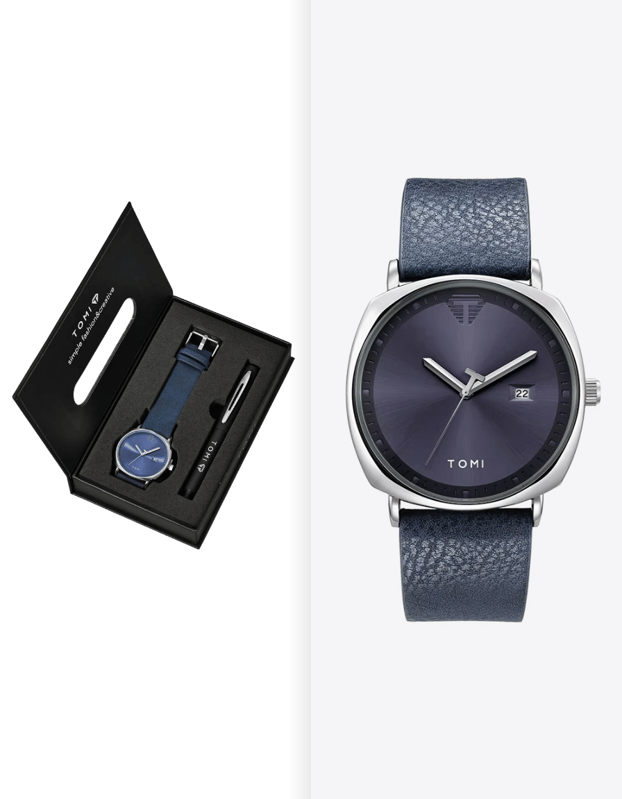 CushionPrime Blue Silver Gift Box Quartz Business Analog Watch + Pen