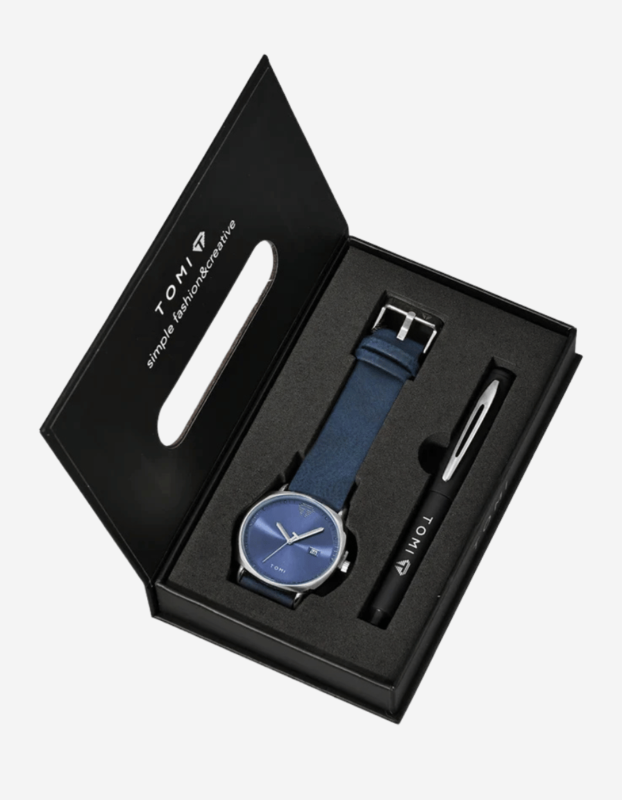 CushionPrime Blue Silver Gift Box Quartz Business Analog Watch + Pen